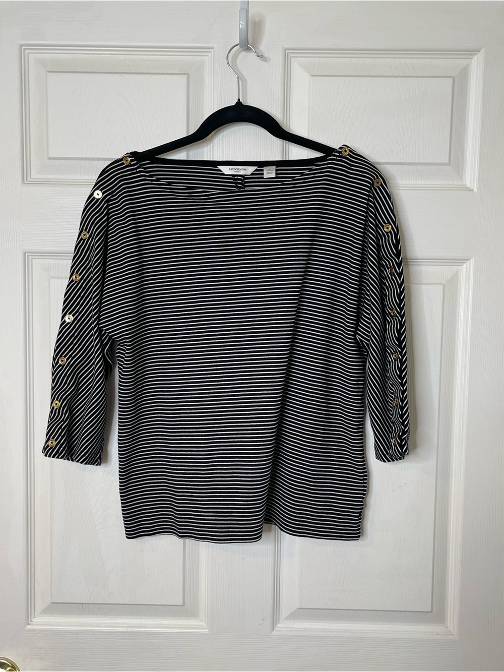 Liz Claiborne Black & White Striped Long Sleeve Top with Gold Buttons